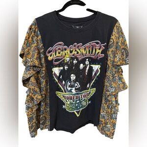 Aerosmith Graphic Tee with Paisley Sleeves Rocktop Upcycle